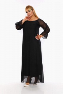 Plus Size Sleeve Tulle Full Polka Dot Detailed Long Evening Dress Black 100276328