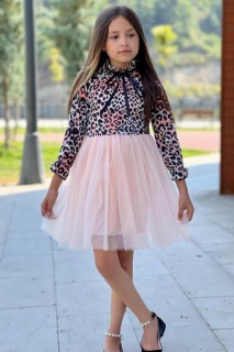 Girl Leopard Patterned Ruffle Collar Bow Detailed Tulle Powder Dress 100344698