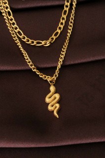 Necklaces - Snake Figured Gold Color Chain Steel Women's Necklace 100327502 - Turkey