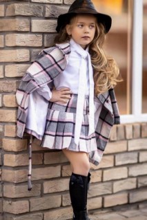 Girl's Plaid Coat and Shirt With Halter Neck Grey-Pink Skirt Suit 100344715
