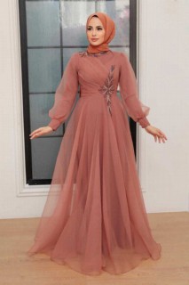 Wedding & Evening - Terra Cotta Hijab Evening Dress 100341381 - Turkey