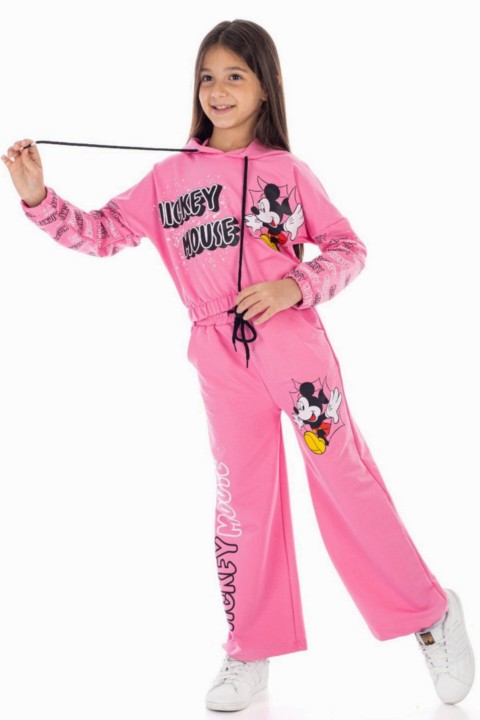 Kids - Girl Boy Mickey Mouse Elastic Waist Wide Leg Pink Tracksuit Suit 100327072 - Turkey