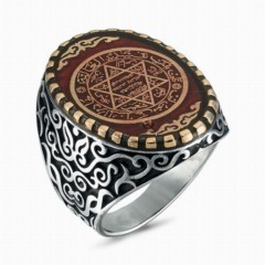 Men Shoes-Bags & Other - Hz. Seal of Solomon Embroidered Sterling Silver Men's Ring Red 100348151 - Turkey