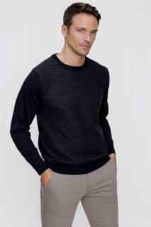 Zero Collar Knitwear - Men's Navy Blue Cycling Crew Neck Dynamic Fit Comfortable Cut Line Pattern Knitwear Sweater 100345116 - Turkey