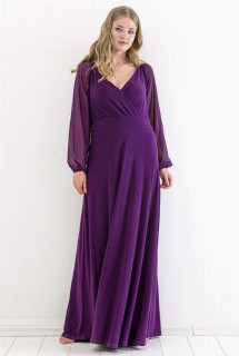 Plus Size - لباس مجلسی سایز بزرگ با آستین لباس شب بلند شیفون بنفش 100276313 - Turkey
