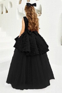 Girl's V-Neck and Zero Sleeve Flower Embroidered Black Evening Dress 100328286