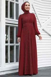 Evening & Party Dresses - Claret Red Hijab Evening Dress 100337918 - Turkey