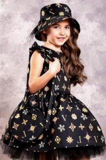 Girl Clothing - Girl's New LV Letter Printed Bag And Black Dress With Hat 100328179 - Turkey