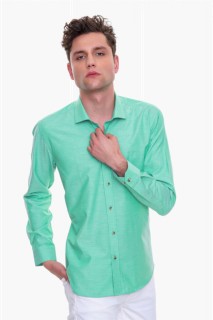 Top Wear - Men's Green 100% Cotton Slim Fit Slim Fit Straight Italian Collar Long Sleeve Shirt 100351245 - Turkey