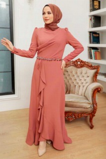 Wedding & Evening - Terra Cotta Hijab Evening Dress 100340140 - Turkey