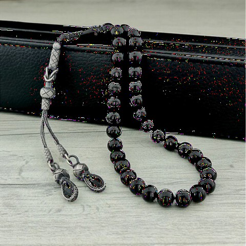 Black Grained Silver Kazaz Tasseled Fire Amber Rosary 100349422