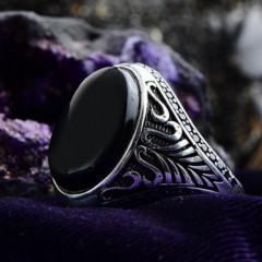 Onyx Stone Ottoman Motif Sterling Silver Men's Ring 100348173