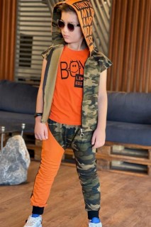 Tracksuit Set - Boy's Limited Length Hooded Camouflage Pockets and Stripe Detailed Orange Tracksuit 100328567 - Turkey