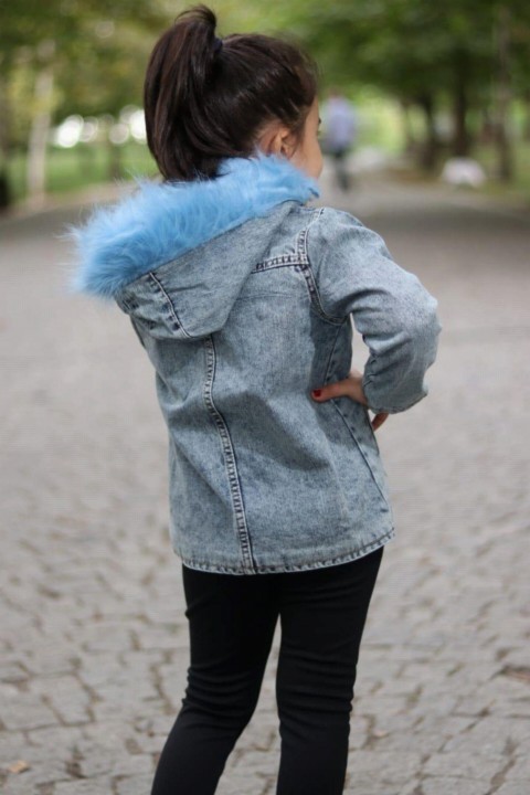 Girl Blue Fur Hooded Denim Jacket 100327052