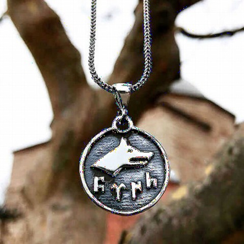 Double Sided Usable Wolf Head Sterling Silver Necklace with Turkish Inscription in Göktürk 100348355