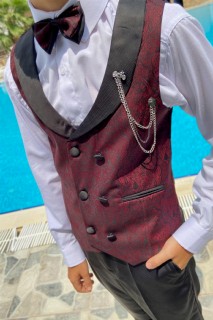 Boy's DeepSEA Patterned Double Buttoned Bowtie Claret Red Bottom Top Suit 100328694