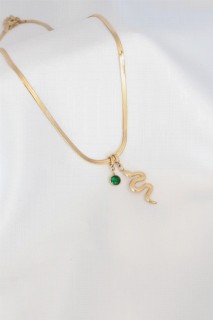 Necklaces - Snake Figure Emerald Green Stone Detail Gold Color Steel Italian Chain Women Necklace 100327717 - Turkey