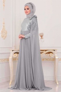 Wedding & Evening - Grey Hijab Evening Dress 100299533 - Turkey