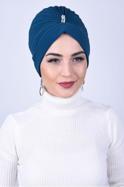 Woman Bonnet & Turban - Pierre du Milieu Bijou Os Bleu Pétrole - Turkey