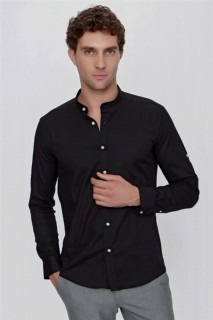 Shirt - قميص رجالي ذو ياقة كلاسيكية من الليكرا الأسود من الجبردين ذو قصة ضيقة ذو قصة ضيقة وأكمام مطوية 100351058 - Turkey