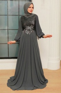 Woman Clothing - Smoke Color Hijab Evening Dress 100340633 - Turkey