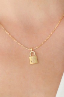 Necklaces - Gold Color Lock Figure Zircon Stone Detail Women's Necklace 100328116 - Turkey
