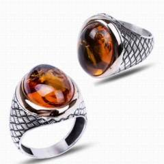 Others - Striped Knitted Patterned Silver Ring With Drop Amber Stone 100347718 - Turkey