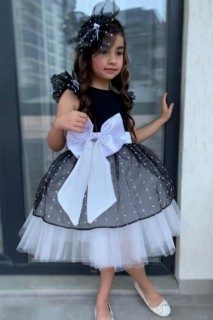 Girl's Waist Ribbon Skirt Fluffy Tulle and Ruffled Sleeves Black and White Evening Dress 100327613