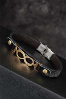 Bracelet - Gold Color Infinity Figured Black Color Leather Men's Bracelet With Metal Accessories 100318741 - Turkey
