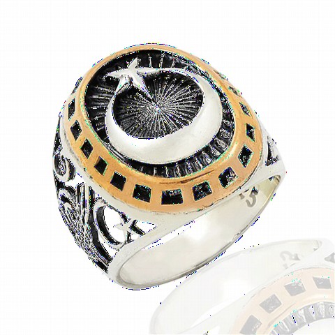 Oval Moon Star Patterned Silver Men's Ring 100349069