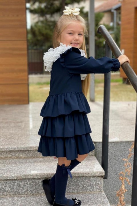 Boys' School Girl Lace Collar Ruffled Navy Blue Dress 100327162
