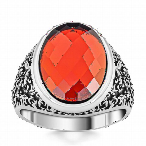 Zircon Stone Rings - Flower Pattern Cut Sterling Silver Ring With Red Zircon Stone 100350363 - Turkey