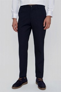 Men - Men's Navy Blue Dynamic Fit Casual Side Pocket Cotton Linen Trousers 100350948 - Turkey