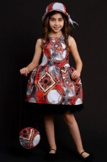 Girls - Versailles Rotes Kleid für Mädchen mit Tasche und Hut aus flauschigem Tüll 100328479 - Turkey