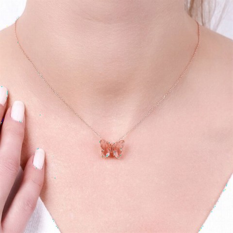 Butterfly Model Silver Necklace with Pink Stone 100346948