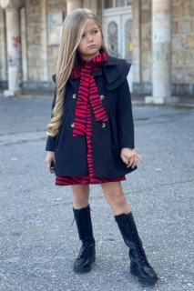 Girl Clothing - معطف بناتي أسود مع ياقة بطبقات ونقشة حمار وحشي 100327220 - Turkey