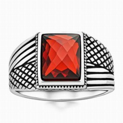 Red Baguette Zircon Stone Sterling Silver Ring 100346380