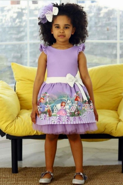 Girl's New Cartoon Raised Purple Dress 100328174