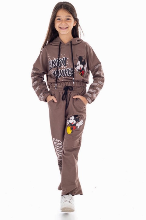 Tracksuits, Sweatshirts - Mädchen Junge Micky Maus Elastische Taille Breites Bein Braun Trainingsanzug Set 100327070 - Turkey