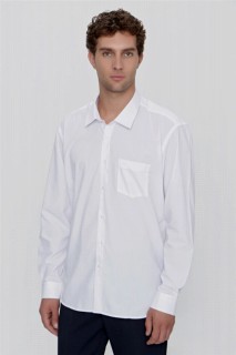 Men's White Battal Plain Pocketed Hard Collar Long Sleeved Shirt 100351177