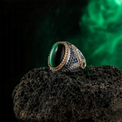 Knitted Patterned Green Agate Stone Silver Ring 100346451