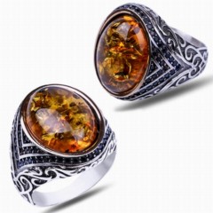 Others - Ottoman Patterned Silver Ring With Drop Amber Stone 100347726 - Turkey