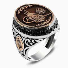 Silver Rings 925 - Ottoman Tugra Embroidered Zircon Stone Silver Men's Ring 100348049 - Turkey