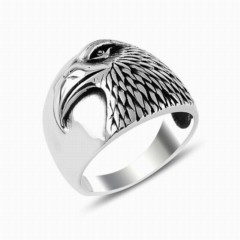 Men - Eagle Head Embroidered Silver Men's Ring 100347894 - Turkey