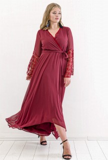 Plus Size - Plus Size Sleeves Lace Ruffle Chiffon Evening Dress Claret Red 100276336 - Turkey