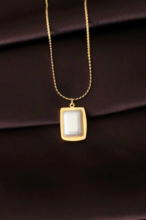 Necklaces - Square Pearl Gold Color Steel Women Necklace 100327500 - Turkey