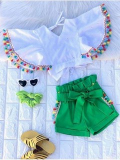 Kids - Girl Colored Tassel Detailed Green Shorts Set 100326734 - Turkey