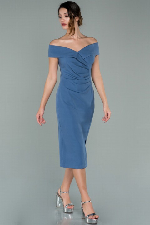 Woman Clothing - Evening Dress Boat Neck Midi Invitation Dress 100298311 - Turkey