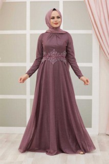 Wedding & Evening - Dark Dusty Rose Hijab Evening Dress 100337282 - Turkey
