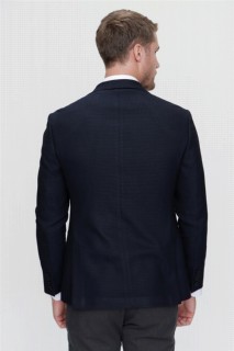Men's Navy Blue Plue Patterned Slim Fit Slim Fit Bag Pocket 6 Drop Jacket 100350651